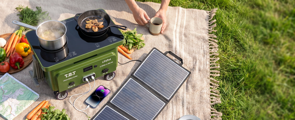 T.E.T 2300 Duo portable power cooking station with dual cooking zones and integrated battery.