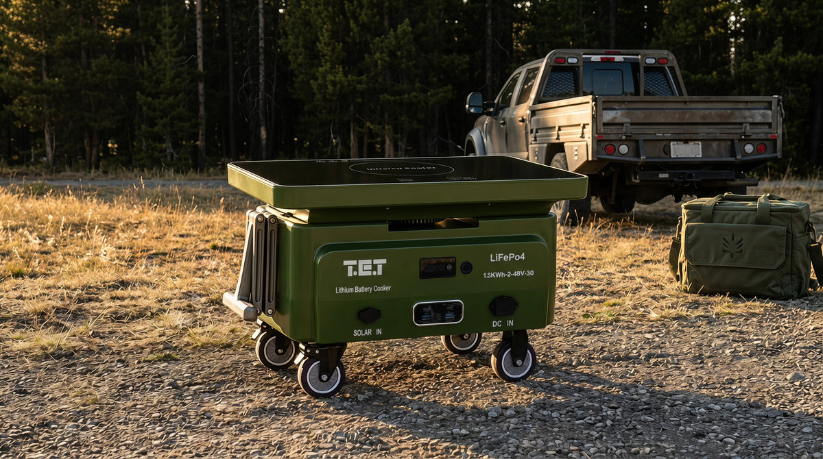 Outdoor energy and cooking equipment arranged for a campsite.