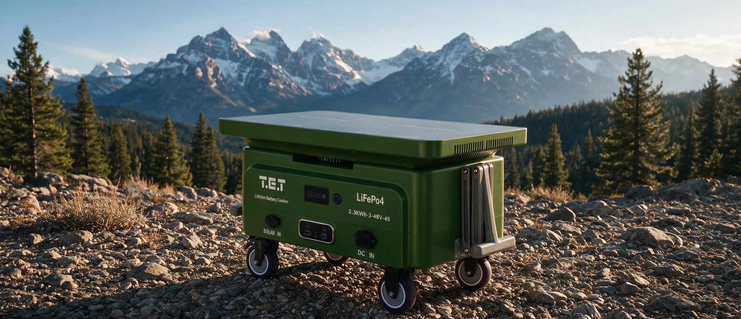 T.E.T 2300 Duo Portable Power Cooking Station at an outdoor campsite.